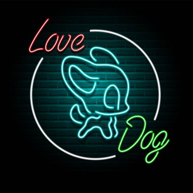 Parlayan Neon Aşk Köpeği. Parıltı efekti gece kulübü veya bar konsepti. Karanlık arka planda. düzenlenebilir vektör