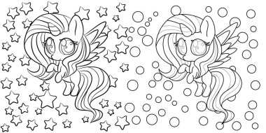 Boyama kitabı için şirin tek boynuzlu at, 2 stil çizimi, yıldız ve daire arkaplanı olan tek boynuzlu atlar, siyah ana hatlı vektör.