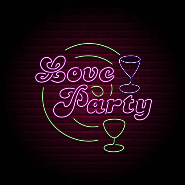 Glowing Neon Signs Love Party Vector Illustration Neon Cocktail Sign — Stock Vector