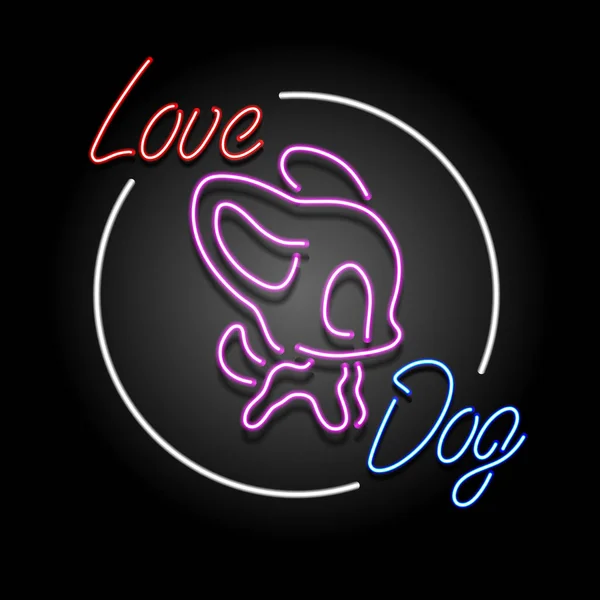 Parlayan neon köpek. Parıltı efekti gece kulübü veya bar konsepti. Karanlık arka planda. Aşk köpeği, hayvanlar, hayvanlar düzenlenebilir vektör illüstrasyonu.