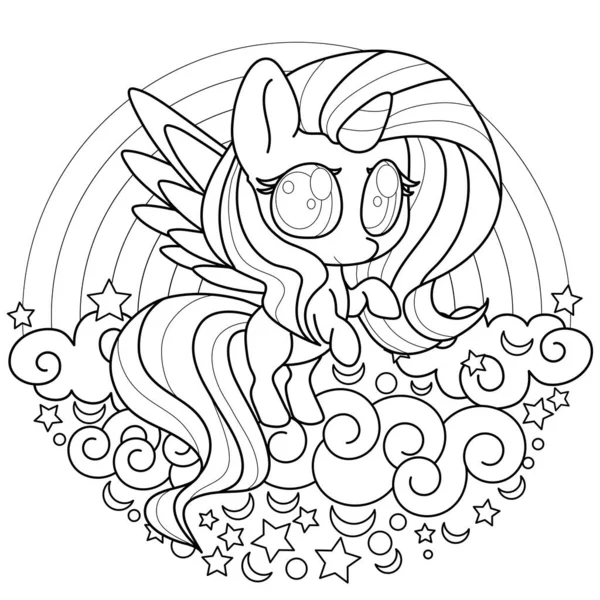 Küçük şirin tek boynuzlu at taslağı. Kawaii boyama için siyah ve beyaz. Gökkuşağı bulutu arka planı. Vektör illüstrasyonu
