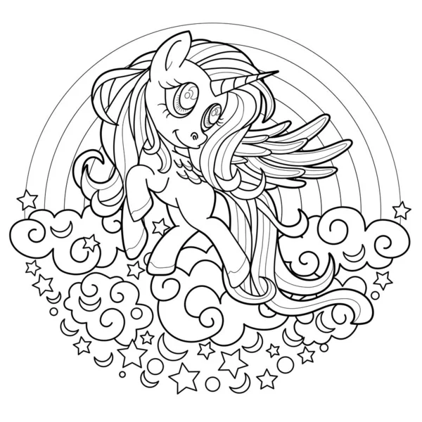 Siyah çizgi boyama kitabı ya da sayfa için şirin gökkuşağı tek boynuzlu atı. Siyah ve beyaz. Güzel midilli prenses karakteri çizimi beyaz hatlara izole edilmiş. Tasarım baskıları, posterler için.