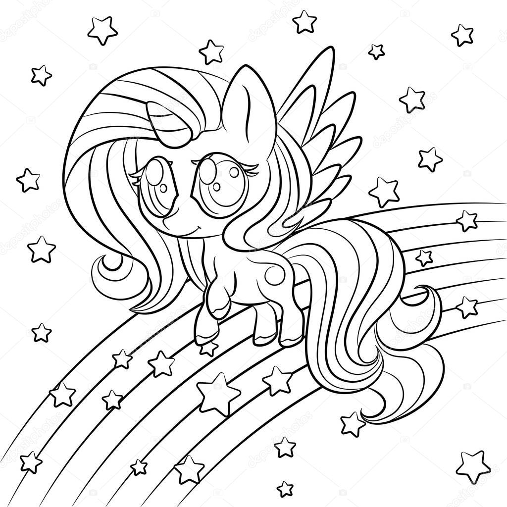 Lindo Contorno Unicornio Pequeño Blanco Negro Para Colorear Fondo Estrella  Vector de stock por ©Phoo 349416112, image size:1023x1023