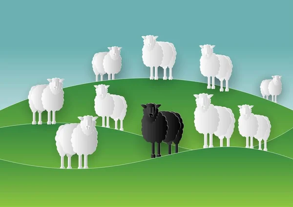 Black Sheep Stand Middle White Sheep Group Paper Cut Style — Stock Vector