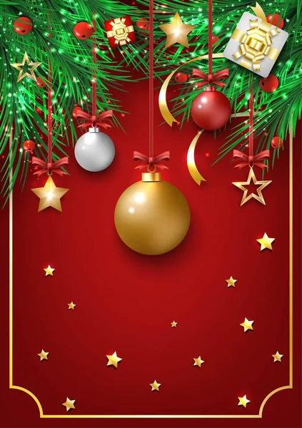 Mutlu yıllar ve mutlu noeller boş şablonlar, çam dalları, xmas balosu, yıldız, hediye kutusu, tebrik kartı kurdelesi, vektör illüstrasyonu.