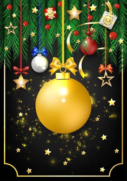 Mutlu yıllar ve mutlu noeller boş şablonlar, çam dalları, xmas balosu, yıldız, hediye kutusu, tebrik kartı için koyu arkaplan şeridi, vektör çizimi.