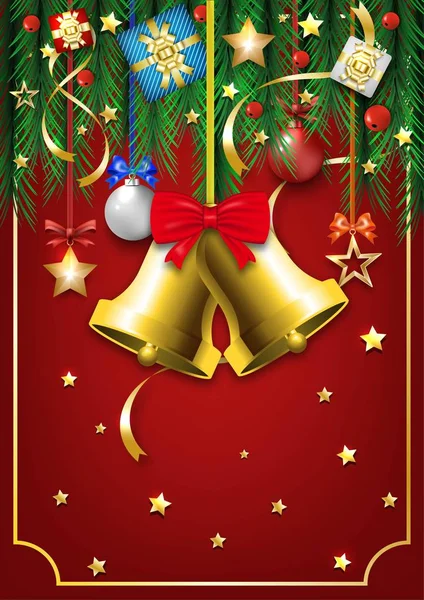 Altın çan mutlu yıllar ve mutlu noel tebrik kartı. Noel balosu, çam dalı, yıldız ve hediye kutusu.