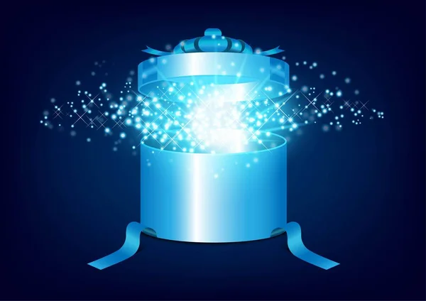 Yuvarlak hediye kutusu parlak parçacıklarla açıldı. 3D gerçekçi sihirli hediye kutusu, gökyüzü mavi yay parlayan ışık ve yıldızlar.