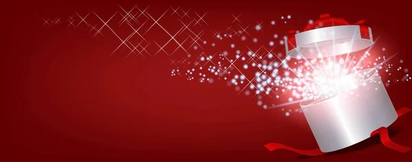 Yuvarlak beyaz hediye kutusunu aç sihirli parlak parıltılı ve kırmızı arka planlı ışık ışınlarıyla. Pankart, broşür, broşür, tebrik kartı için Noel, yeni yıl, doğum günü.
