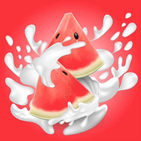 Καρπούζι Φρέσκα Φρούτα Ρεαλιστικό Κομμάτι Καρπούζι Φέτα Βουτιά Χυμό Γάλακτος — Διανυσματικό Αρχείο