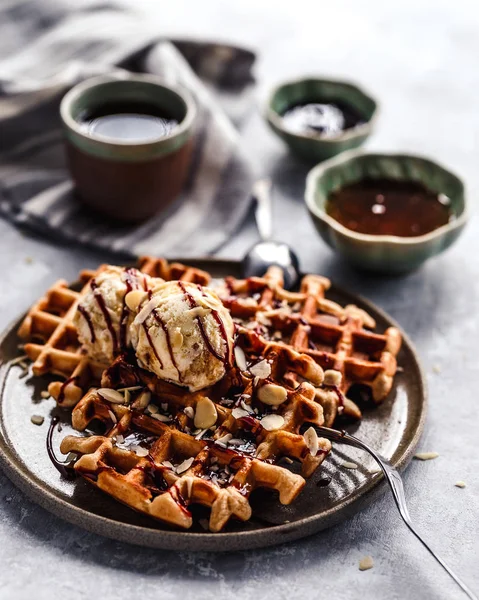 Belgium Waffles Maple Syrup Tiramisu Ice Cream — Stock Photo, Image