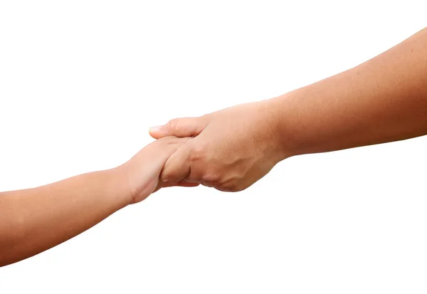 Close Asian Mother Hand Holding Child Hand Isolated White Copy — Stock Photo, Image