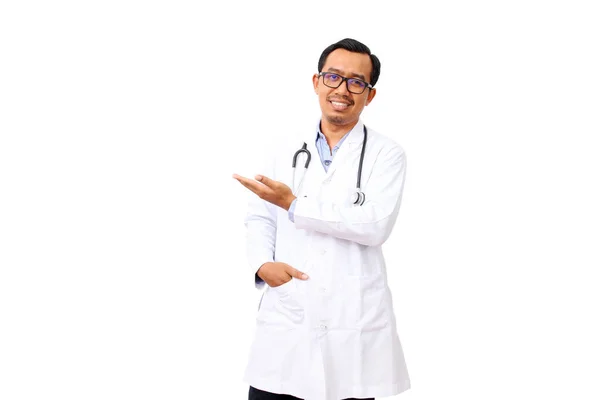 Portrait Handsome Smart Asian Doctor Wearing Glasses Standing While Showing — Stock Photo, Image