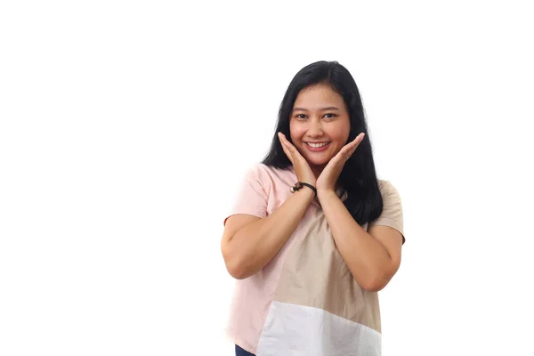 Menina Asiática Bonita Sorrindo Docemente Para Câmera Colocando Palma Mão — Fotografia de Stock