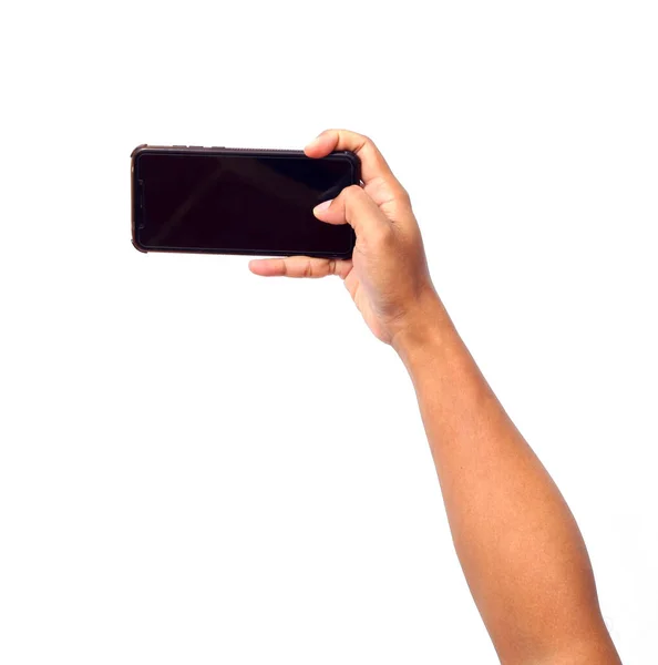 Mano Che Tiene Cellulare Con Uno Schermo Bianco Vuoto Isolato — Foto Stock