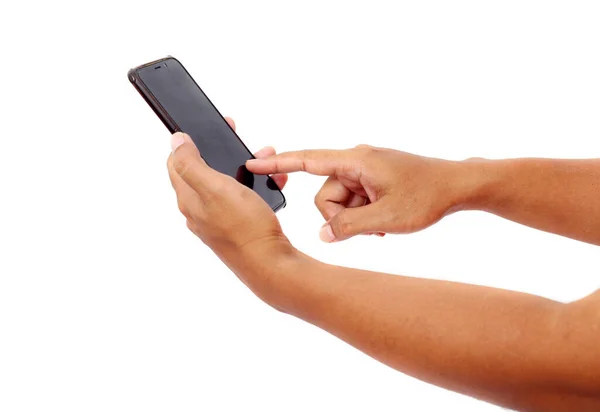 Akıllı telefon taşıyan bir adamın eli gibi. Boş bir ekranı işaret eden parmak. Beyaz arkaplanda izole