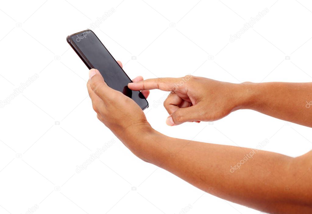 A hand of a man carrying a smartphone. Finger pointing at a blank screen. Isolated on white background