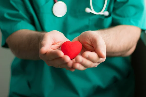 Steteskoplu yeşil kostümlü erkek doktor ellerinde parlak kırmızı bir kalp tutuyor. Yatay, sağlık, önleyici tedavi, ilaç.