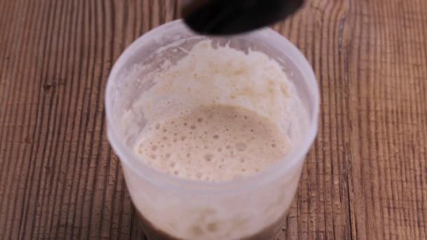 Homemade Sourdough Starter Lots Bubbles Small Jar Mixing Tea Spoon — Stock Video