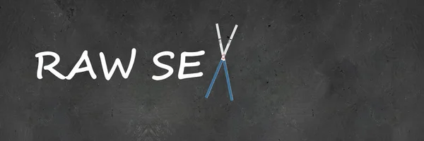 Text RAW SEX, letter X made with two positive pregnancy tests with two red lines. Creative concept about sexual education, and unwanted pregnancy, family planning. Horizontal banner with copy space