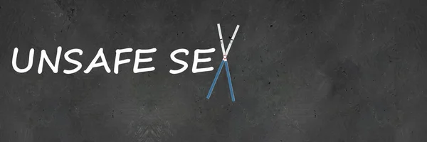 Text UNSAFE SEX, letter X made with two positive pregnancy tests with two red lines. Creative concept about sexual education, and unwanted pregnancy, family planning, Horizontal banner with copy space