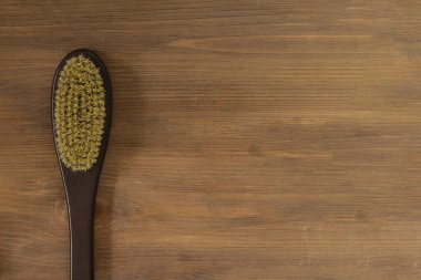 Kaktüs lifinden yapılmış kuru doğal masaj fırçası, kadın vücudu ve cilt bakımı, banyo ve kaplıca malzemesi kahverengi ahşap arka planda. Güzellik, kozmetik, selülit tedavisi. Üst Manzara. Kopyalama alanı ile yatay