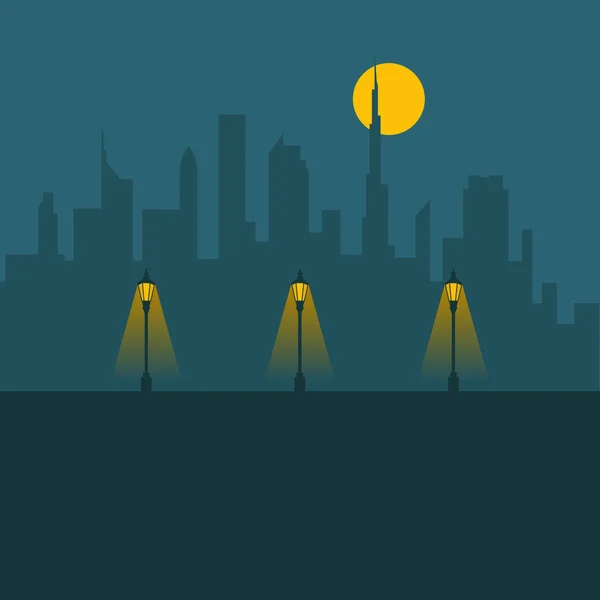 Miasto w nocy z księżyca i lampy. — Wektor stockowy