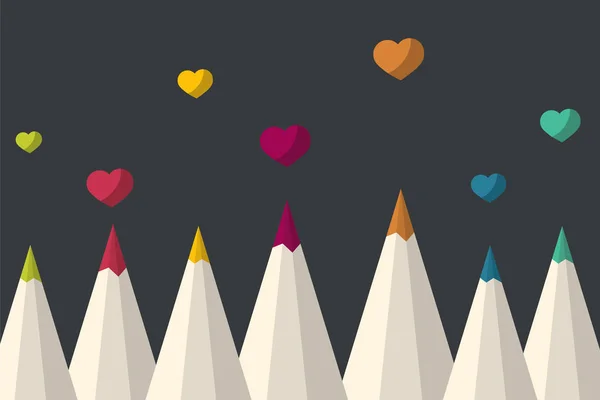 バレンタインの心と色鉛筆のセットです ベクトル図 — ストックベクタ