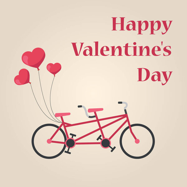 Romantic tandem bicycle with balloons. Happy Valentines Day.