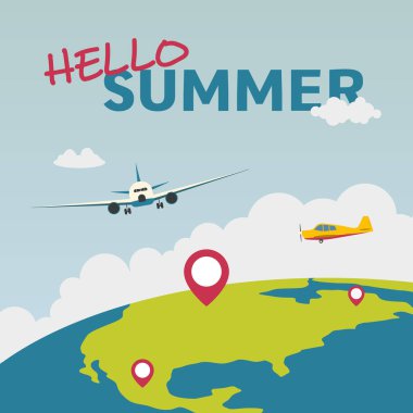 Yaz illüstrasyon uçak ve dünya ile Merhaba. Yaz tatili. Konsept Web sitesi şablonu. Vektör çizim.