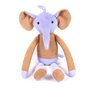 yumuşak oyuncak beyaz arka plan izole edilmiş kahverengi kazaklı mavi fil