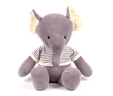 yumuşak oyuncak beyaz arka plan çizgili kazaklı gri fil