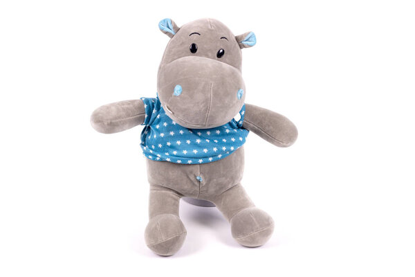 soft toy white background isolated gray hippo in a blue jacket