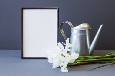 fotoğraf çerçevesi ve metal sulama tenekesi, fotokopi alanı olan gri bir arkaplanda esmer çiçekler.