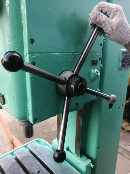 Hand White Glove Holds Lever Large Drill Press — Stock Photo, Image