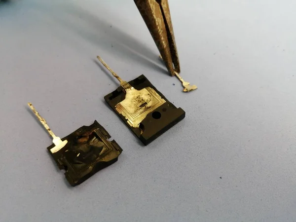 Contacto Transistor Roto Alicates Sobre Fondo Gris Claro —  Fotos de Stock
