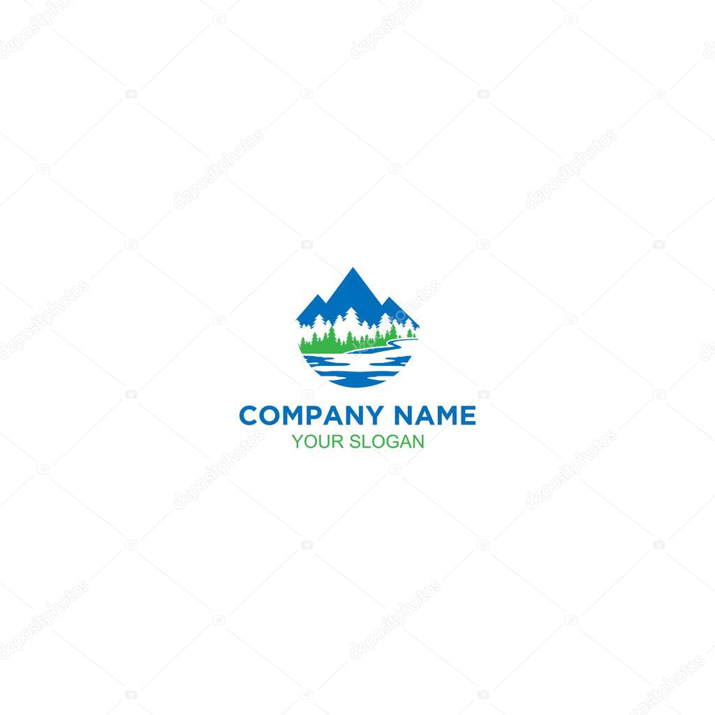 Mountain Pine and Creek Logo Design Vector