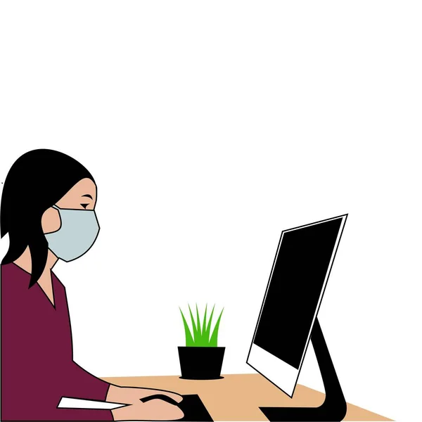 Woman Work Home Mask Computer Illustration — Stock Vector