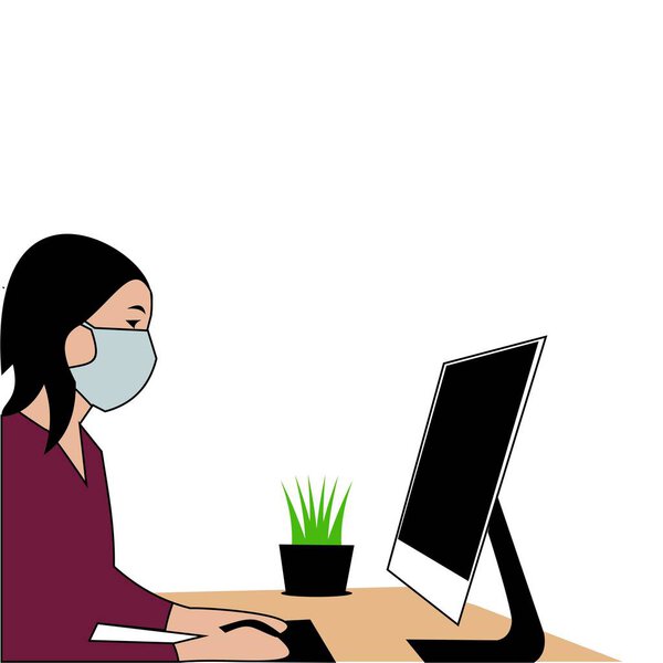 Woman Work From Home With Mask and Computer illustration