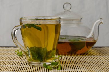 Bardak ve çaydanlık dolusu taze naneli bitki çayı.