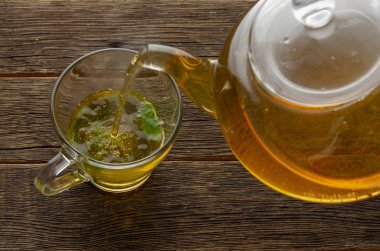 Bardak ve çaydanlık dolusu taze naneli bitki çayı.