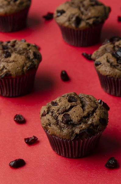 Hausgemachte Preiselbeermuffins auf dem farbigen Hintergrund — Stockfoto