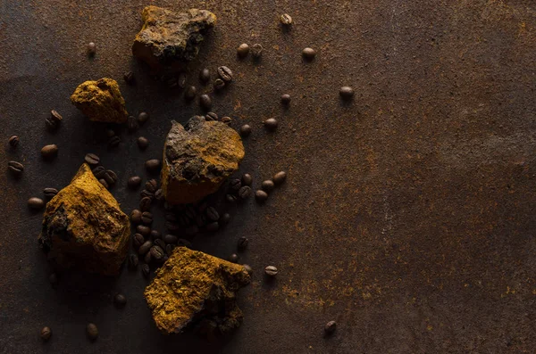 Грибы Чага Кофе грибы и кофейные зерна на темном фоне — стоковое фото