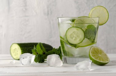 Bardağa doldurulmuş su. Salatalık, limon, kireç ve nane karışımı..
