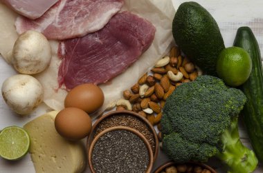 Keto diyeti. Ahşap arka planda fındık, et ve fındık