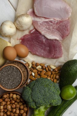 Keto diyeti. Ahşap arka planda fındık, et ve fındık