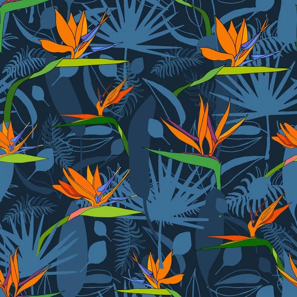 Patrón Sin Costuras Con Flores Exóticas Paraíso Strelitzia Hojas Tropicales — Vector de stock