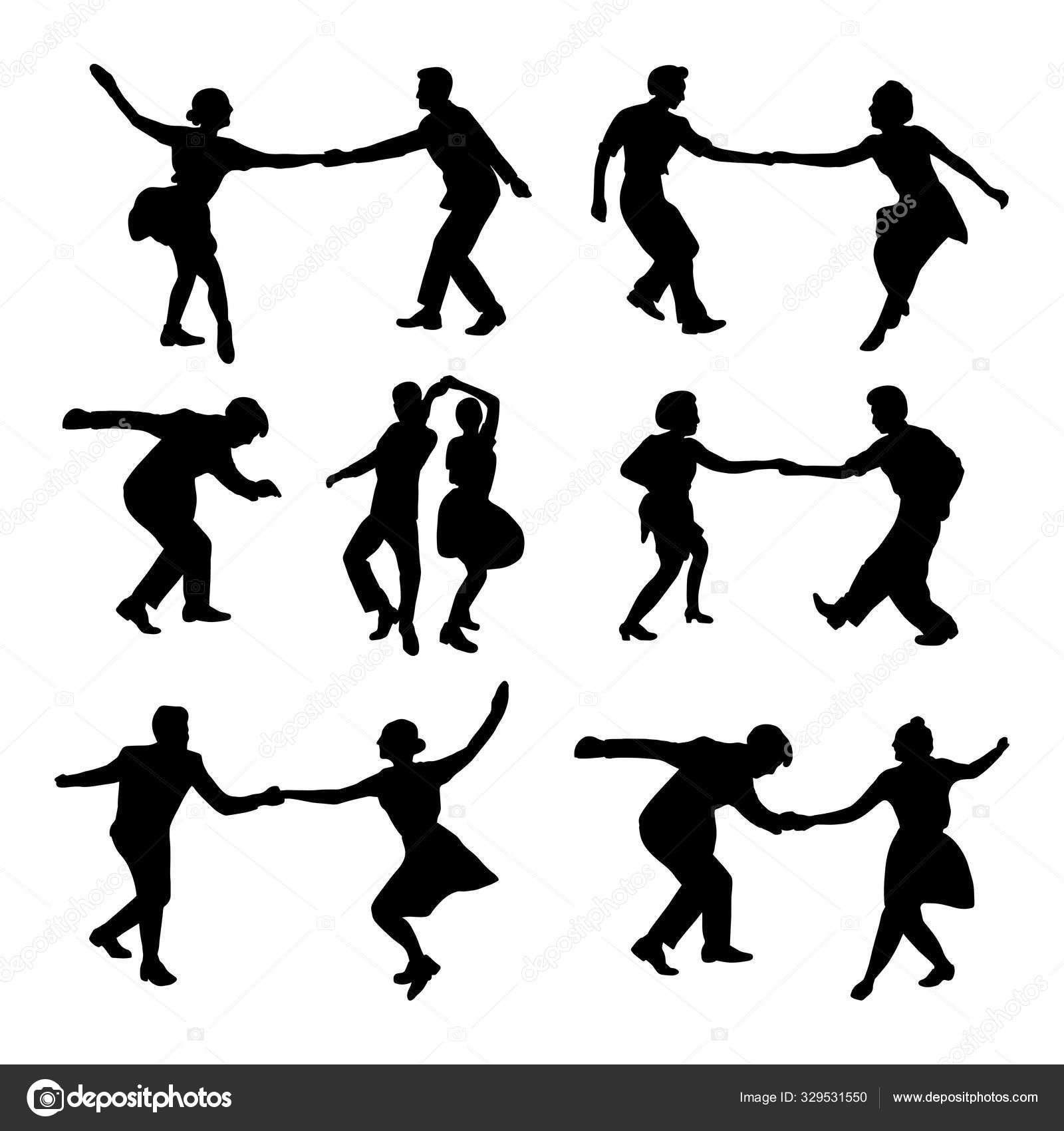 Retro Party Set Three Dancing Couples Silhouettes Isolated White