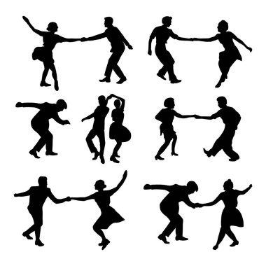 Retro parti. Beyaz arka planda yalnız dans eden üç çift silueti. 1940 'larda ya da 1950' lerde yaşayan insanlar. Erkekler ve kadınlar salıncakta, cazda, lindy hop 'ta ya da boogie woogie partisinde..