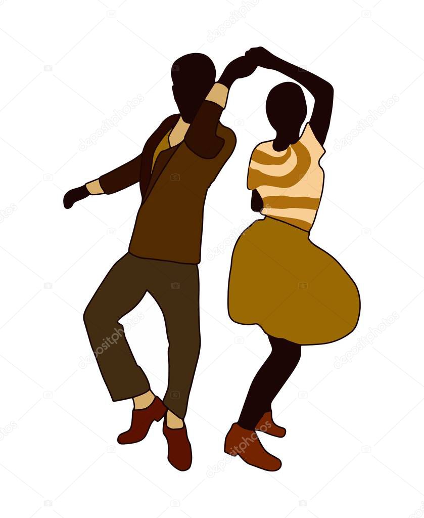 Swing jazz party time. Dancing couples isolated on white in cartoon style. People in 40s or 50s style. Men and women on swing, jazz, lindy hop or boogie woogie party. Vector vintage illustration.
